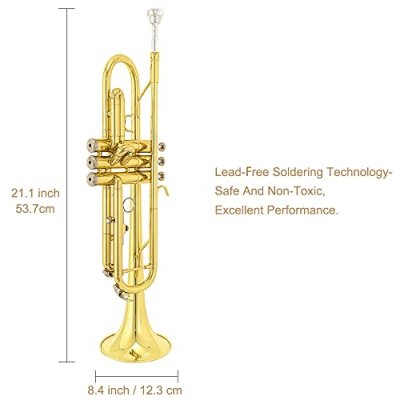 Yasisid Bb 표준 트럼펫 세트, 금관 성인 초보자 또는 고급 학생을 위한 서양 관악기 연주, 하드 케이스, 청소 키트, 7C 마우스피스, 천 및 장갑(골든) 포함