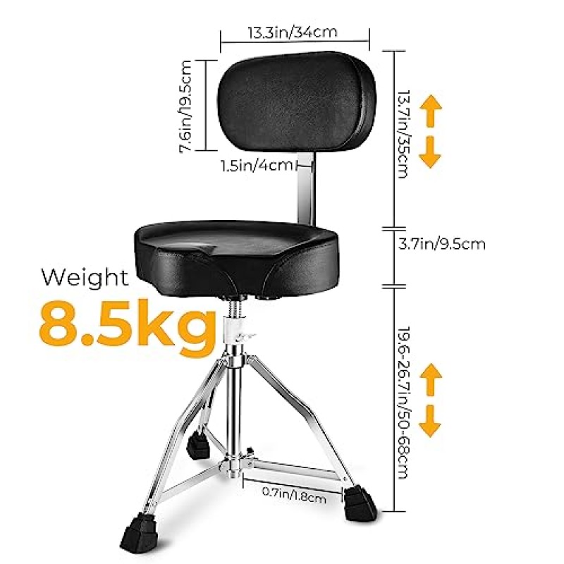 등받이 패딩 안장 드럼 시트가 있는 Vangoa 드럼 왕좌 편안한 오토바이 스타일 드럼 의자 의자 높이 조절 가능 드러머용 더블 브레이스, 흑백