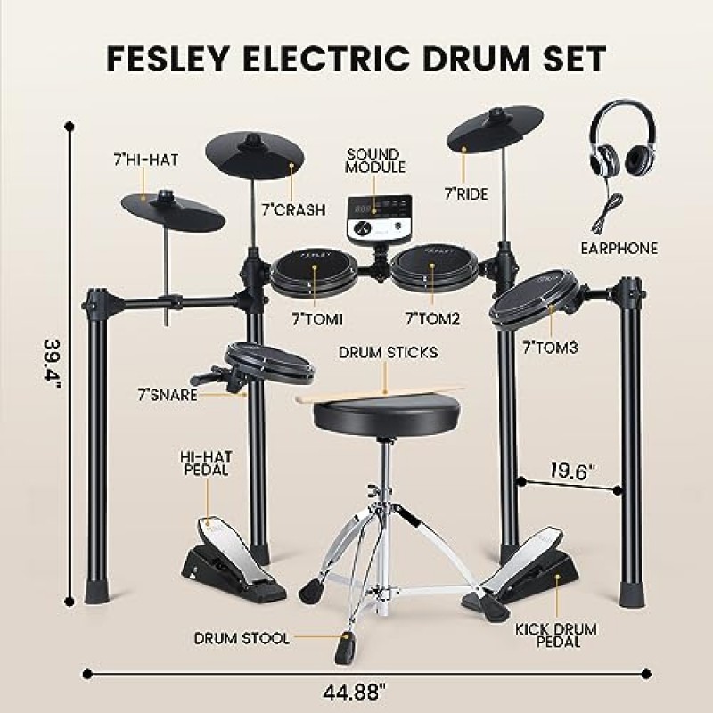 Fesley 전기 드럼 세트, 초보자용 전자 드럼 세트, 메쉬 드럼 패드 4개, 스위치 페달 2개, 가볍고 견고한 전기 드럼(165개 사운드 포함), USB MIDI, 왕좌, 헤드폰, 스틱, 블랙