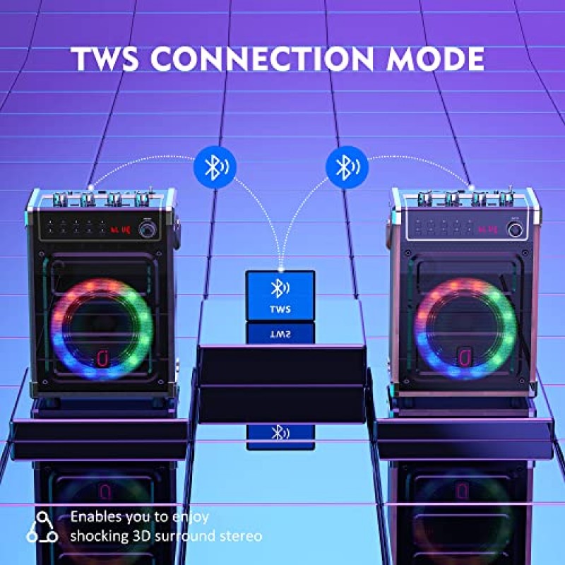 UHF 무선 마이크 2개, LED 조명이 포함된 저음/고음 Bluetooth 스피커, TWS, AUX 입력, FM, REC 지원, 파티/성인/어린이용 JYX 노래방 기계 - 블랙