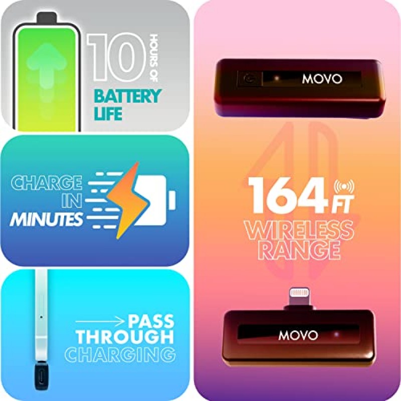 iPhone용 Movo Wireless Mini DI Duo 무선 마이크 - iPhone 10 HR 배터리 164FT 범위용 클립온 라발리에 마이크가 있는 비디오 녹화용 iPhone 마이크, iPhone용 무선 마이크