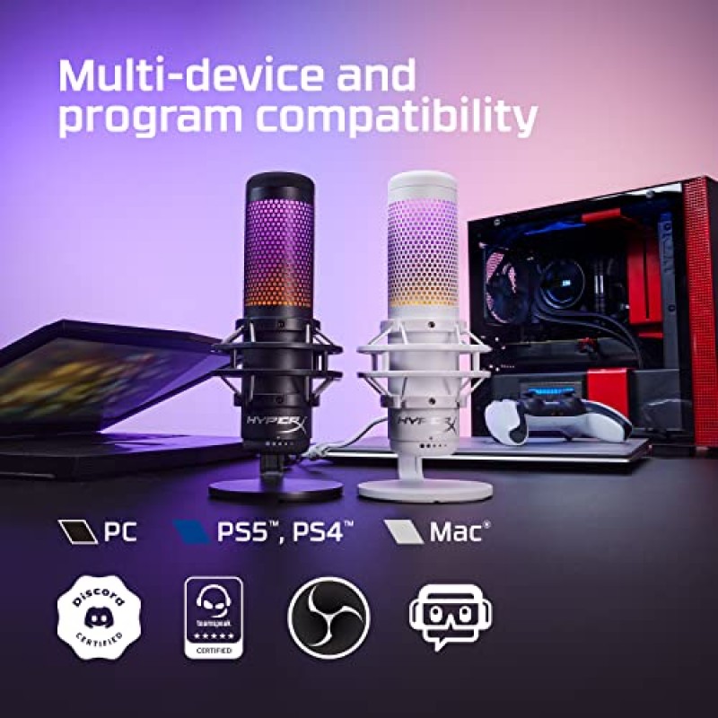 HyperX QuadCast S – PC, PS5, Mac용 RGB USB 콘덴서 마이크, 진동 방지 쇼크 마운트, 4개 폴라 패턴, 팝 필터, 게인 제어, 게임, 스트리밍, 팟캐스트, Twitch, YouTube, Discord – 화이트