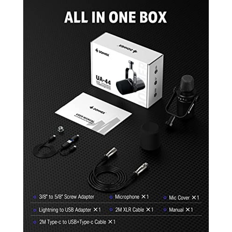 Donner XLR/USB 팟캐스트 마이크, 녹음, 라이브 스트리밍 및 게임용 보컬 다이내믹 PC 마이크, 헤드폰 출력이 내장된 완전 금속 카디오이드 마이크, iPhone 및 PS4/5용, 블랙, UA-44