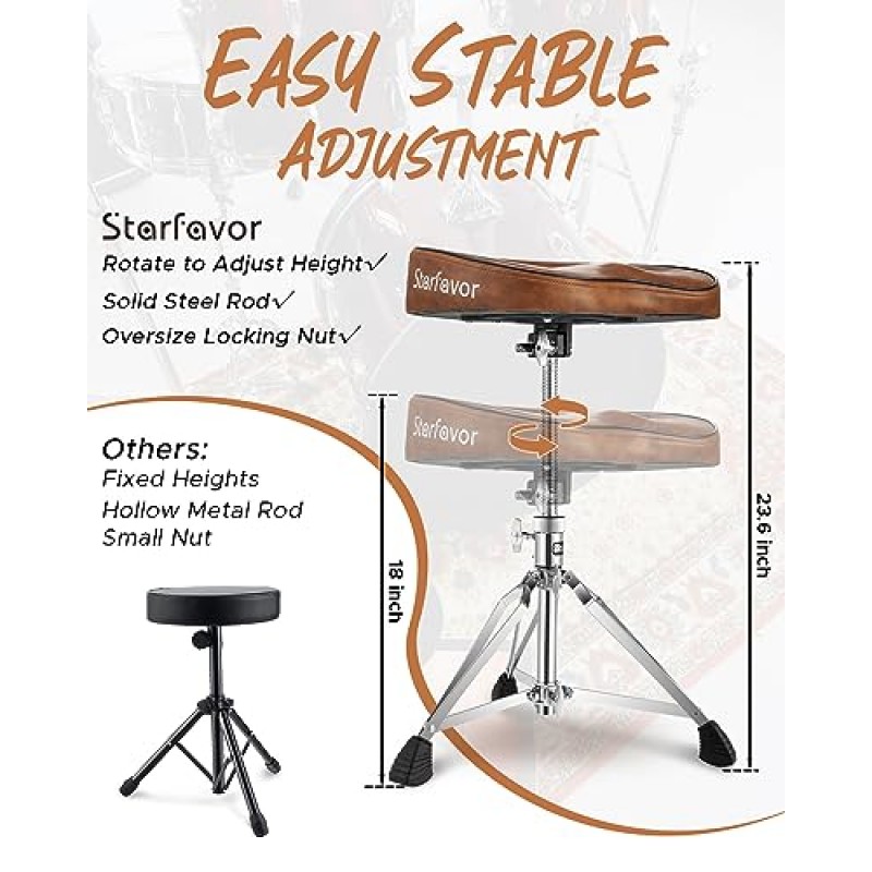 Starfavor 드럼 왕좌 높이 조절 가능한 패딩 시트 드럼 스툴, 이중 버팀대 미끄럼 방지 피트 회전 드럼 의자, 엉덩이 모양, 브라운, ST-550BR