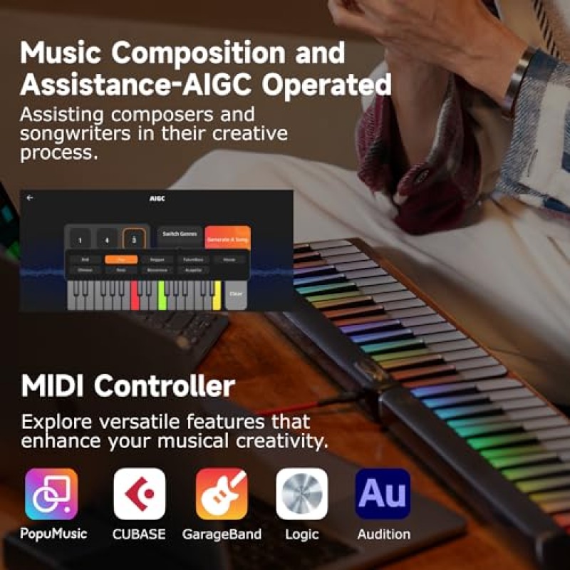 PopuPiano 스마트 피아노 키보드 - 무지개 조명 키, 초보자를 위한 대화형 앱 레슨, 256개 이상의 톤, 100개 이상의 코드 동시발음수, MIDI 컨트롤러, AIGC 작곡, 휴대용 확장형 키보드 피아노