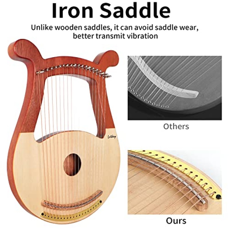 Lyre Harp, Lotkey 19 금속 현 하프 아이언 안장 솔리드 스프루스 보드 튜닝 렌치, 추출 스트링, 매뉴얼 및 긱 백이 포함된 거문고 하프