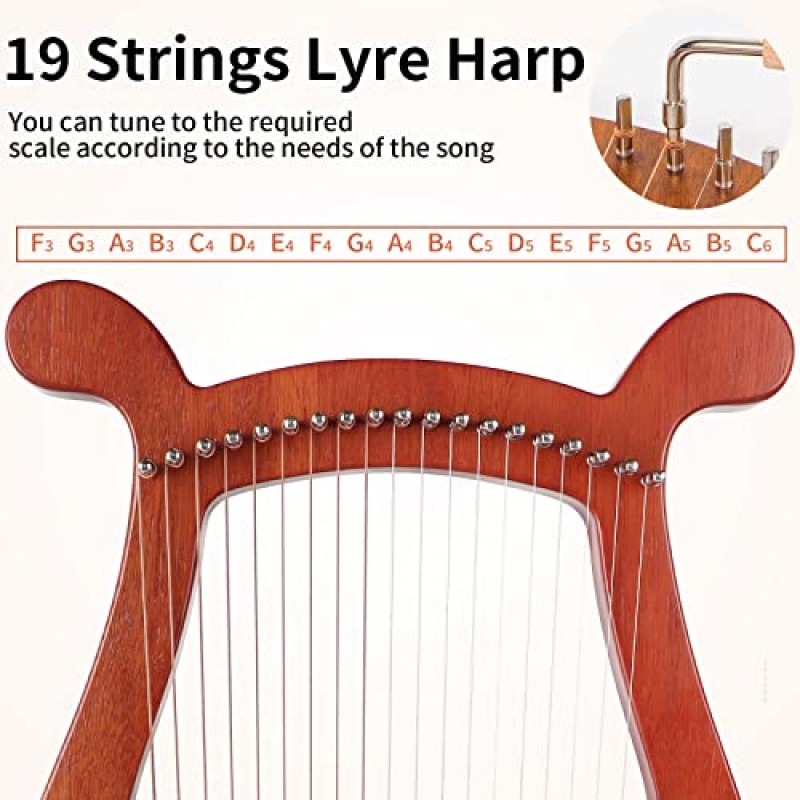 Lyre Harp, Lotkey 19 금속 현 하프 아이언 안장 솔리드 스프루스 보드 튜닝 렌치, 추출 스트링, 매뉴얼 및 긱 백이 포함된 거문고 하프