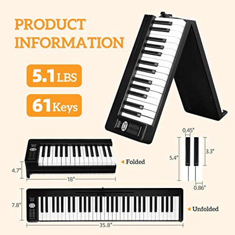 Ktaxon 접이식 전자 키보드 피아노, 세미 웨이트 건반 전자 피아노 듀얼 블루투스 모드 및 5W 스테레오 스피커 및 직관적인 기능을 갖춘 61건 키보드