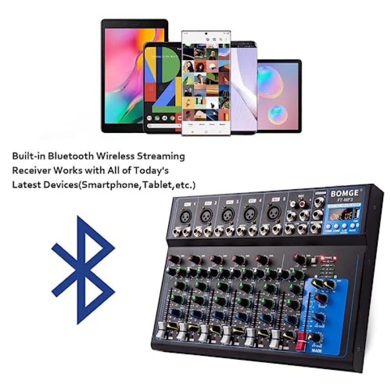 BOMGE K7 Bluetooth 휴대용 오디오 믹서(USB 사운드 믹싱 콘솔 포함) PC 녹음용 MP3 스테레오 48V 전원, DJ 스튜디오 녹음용 4/7채널 밴드 믹싱 보드(7채널)