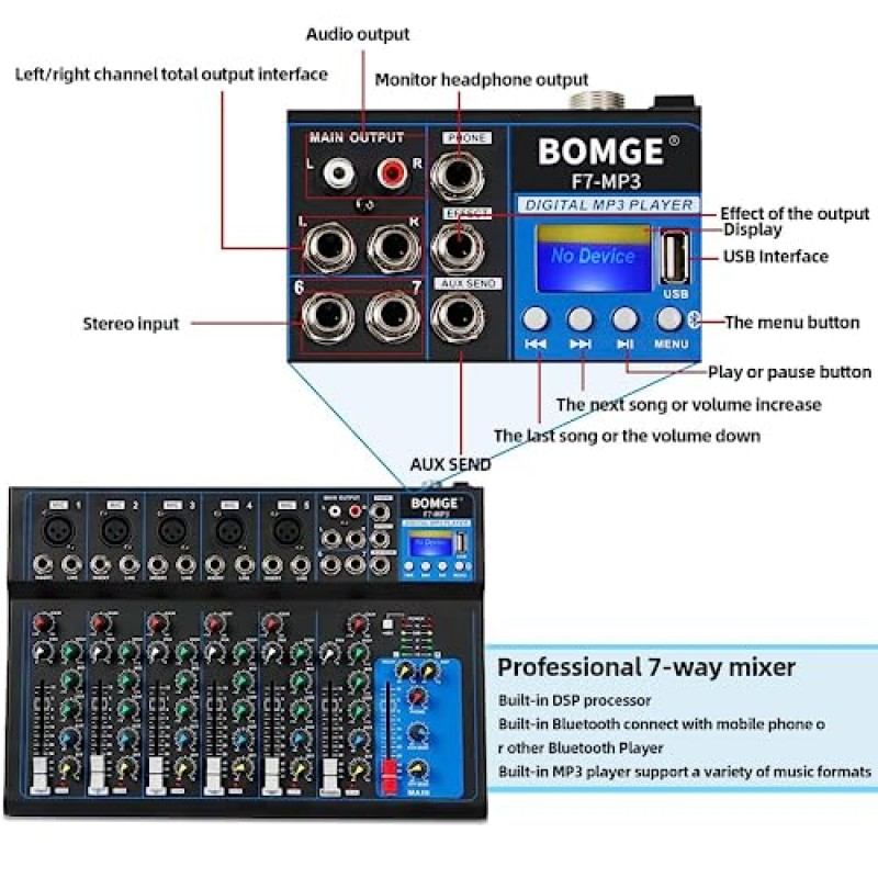 BOMGE K7 Bluetooth 휴대용 오디오 믹서(USB 사운드 믹싱 콘솔 포함) PC 녹음용 MP3 스테레오 48V 전원, DJ 스튜디오 녹음용 4/7채널 밴드 믹싱 보드(7채널)