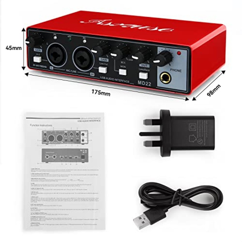 Asmuse USB 오디오 인터페이스, 24Bit/196kHz 전문 사운드 카드, 기타리스트, 보컬리스트, 팟캐스터 또는 프로듀서용 XLR/TSR/TS 포트가 있는 오디오 믹서(빨간색)
