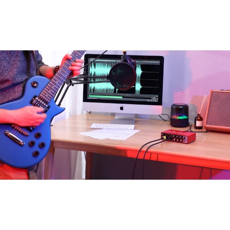 Asmuse USB 오디오 인터페이스, 24Bit/196kHz 전문 사운드 카드, 기타리스트, 보컬리스트, 팟캐스터 또는 프로듀서용 XLR/TSR/TS 포트가 있는 오디오 믹서(빨간색)