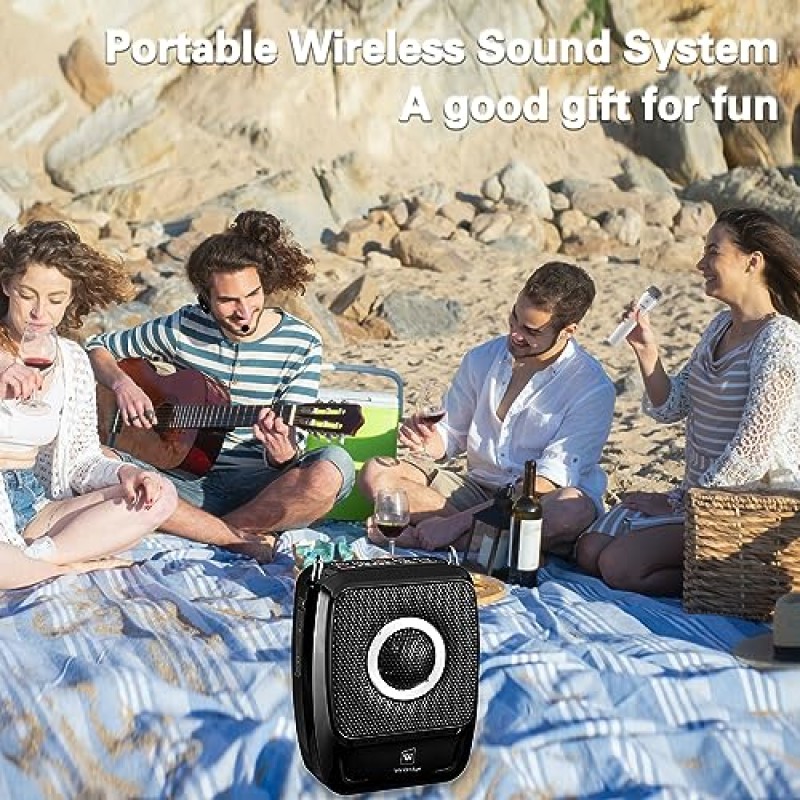 Bluetooth 음성 증폭기 개인 휴대용 Pa 시스템, 2개의 무선 마이크가 있는 25W 확성기 스피커, 노래 야외 실내 요법을 가르치는 교사를 위한 무선 마이크 시스템이 있는 음성 증폭기