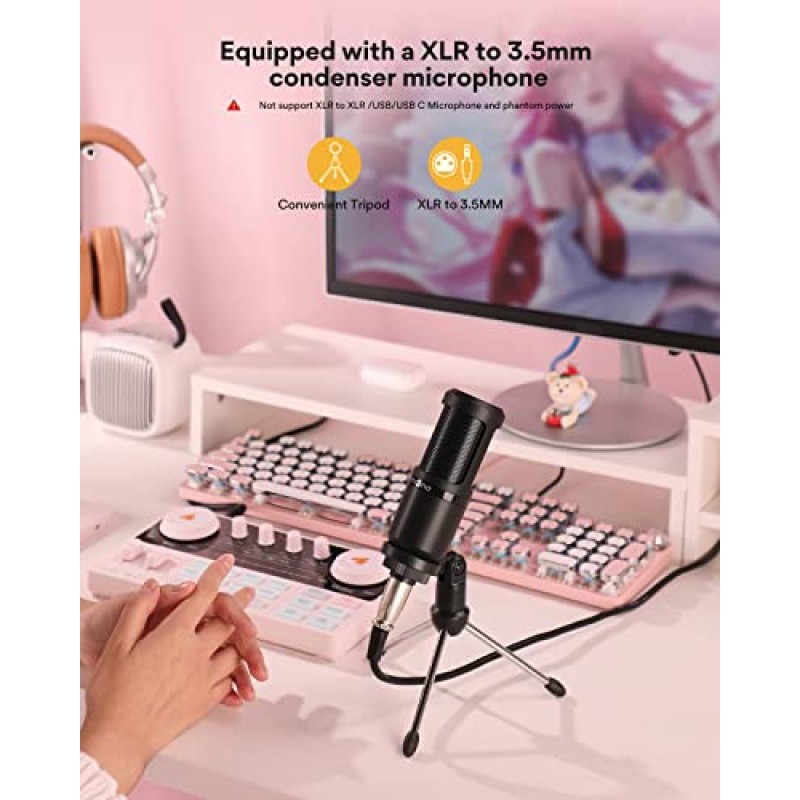 팟캐스트 장비 번들 - MAONO MaonoCaster Lite - 오디오 인터페이스 - 라이브 스트리밍, 팟캐스트 녹음, PC, 스마트폰(AU-AM200-S1 핑크)을 위한 3.5mm 마이크가 포함된 올인원 팟캐스트 제작 스튜디오