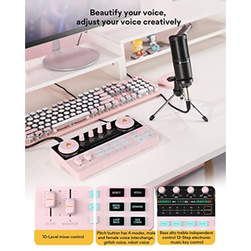 팟캐스트 장비 번들 - MAONO MaonoCaster Lite - 오디오 인터페이스 - 라이브 스트리밍, 팟캐스트 녹음, PC, 스마트폰(AU-AM200-S1 핑크)을 위한 3.5mm 마이크가 포함된 올인원 팟캐스트 제작 스튜디오