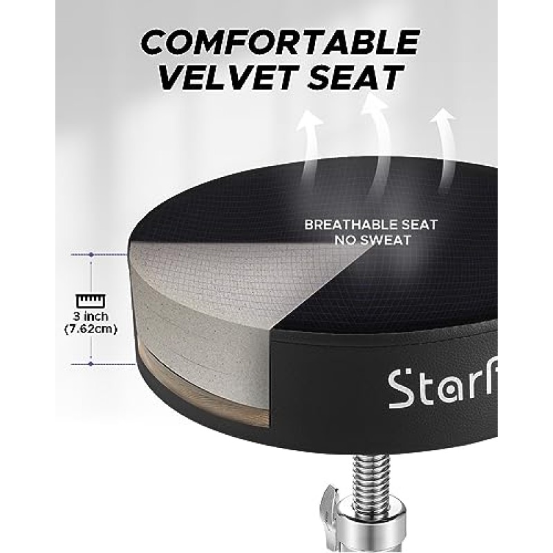 Starfavor 드럼 왕좌 높이 조절 가능한 패딩 시트 드럼 의자, 5A 드럼 스틱 포함 어린이 및 성인용 이중 버팀대 미끄럼 방지 피트 회전 드럼 의자, ST-400B