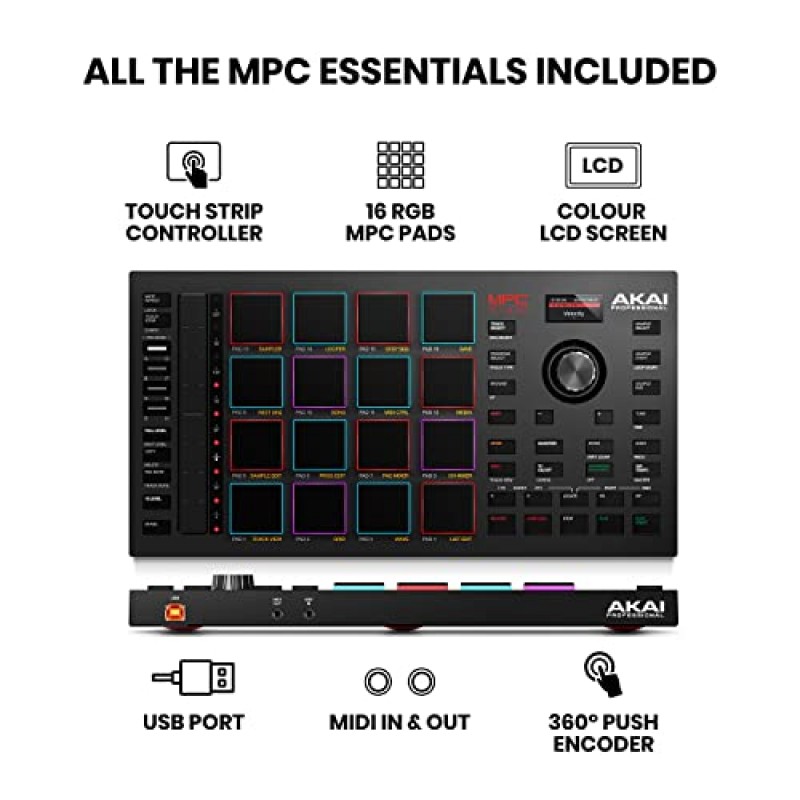 Akai Professional MPC 스튜디오 MIDI 컨트롤러 비트 메이커(속도 감지 RGB 패드 16개 포함), 전체 MPC 2 소프트웨어, 할당 가능한 터치 스트립 및 LCD 디스플레이