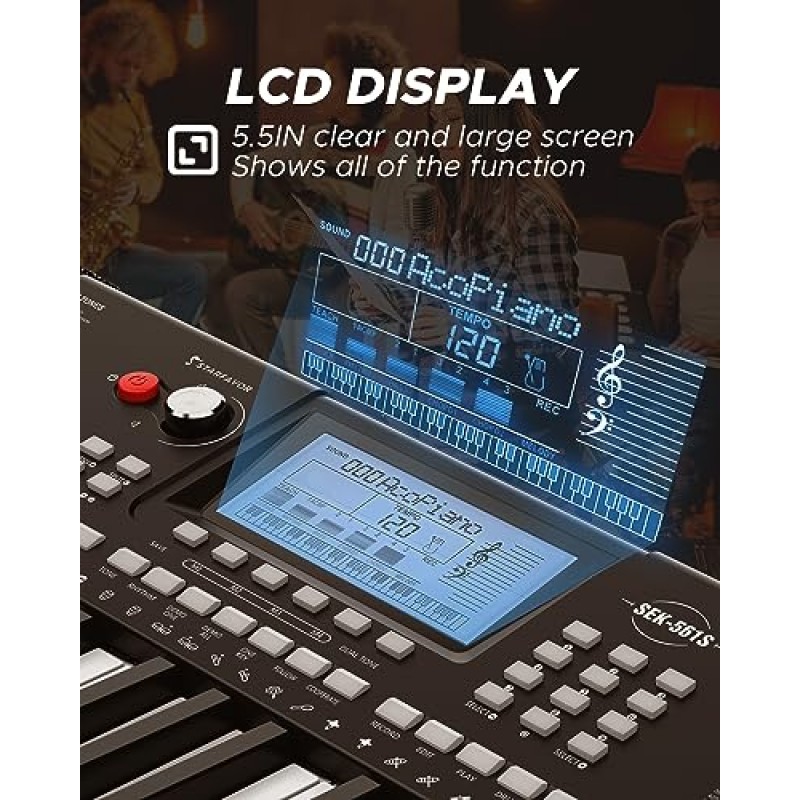LCD 디스플레이가 장착된 Starfavor 61 키 전자 키보드 피아노, 초보자 직업을 위한 휴대용 전기 음악 피아노, Z 스타일 스탠드, 벤치, 마이크, 헤드폰, 키노트 스티커(SEK-561) 포함