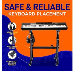 Pyle 범용 전자 피아노, 잠금 바퀴가 있는 검정색 튼튼한 Z 스타일 키보드 스탠드, 높이 및 너비 조절 가능, 휴대용 오르간 홀더 랙, 접이식 디자인(PKSTZ88)