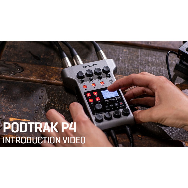Zoom PodTrak P4 팟캐스트 레코더, 배터리 구동식, 마이크 입력 4개, 헤드폰 출력 4개, 원격 인터뷰용 전화 및 USB 입력, 사운드 패드, 2-In/2-Out 오디오 인터페이스