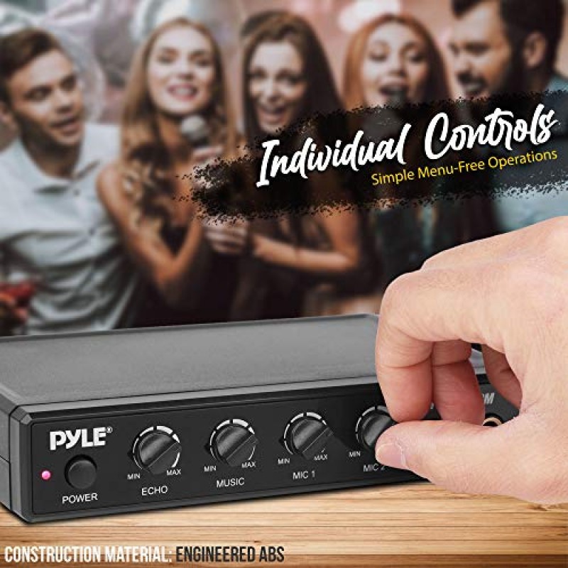 Pyle 컴팩트 가라오케 오디오 믹서 - DJ 사운드, 홈 파티 및 극장용 마이크 입력 2개, RCA, AUX, 마이크 레벨/음악/에코 제어 기능이 있는 전문 휴대용 오디오 사운드 믹서 마이크 수신기 - PDKRMX2M