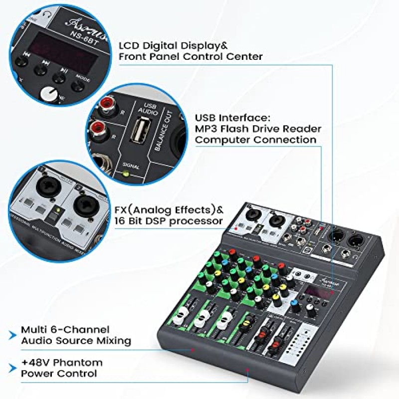 Asmuse 4 채널 오디오 믹서, USB가 포함된 휴대용 미니 사운드 믹서 콘솔, PC 녹음/DJ 무대/방송용 휴대용 디지털 사운드 인터페이스