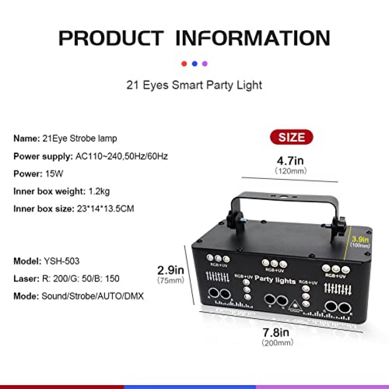 21 눈 무대 조명 디스코 Dj 파티 스트로브 조명 실내 사운드 활성화 RGB UV 볼 조명 DMX512 제어 LED Ravelight 홈 파티 가라오케 생일 웨딩 바