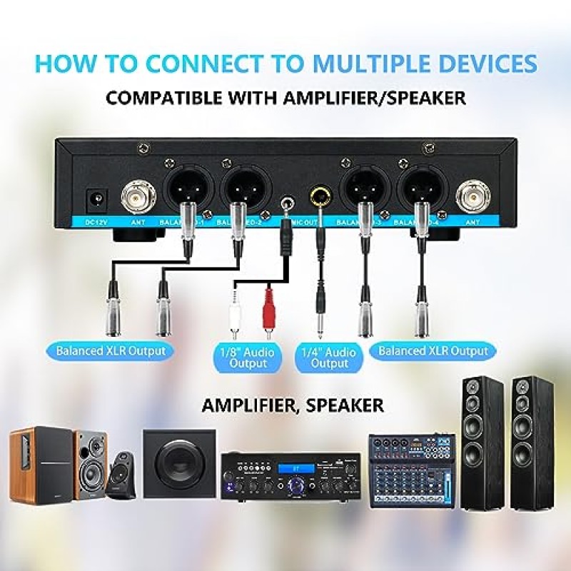 ZERFUN GT-200 충전식 무선 마이크 시스템 4채널, UHF 금속 핸드헬드 무선 마이크 에코 고음 저음 기능이 있는 무선 마이크 가라오케 노래 교회 행사용 VOL 채널 제어