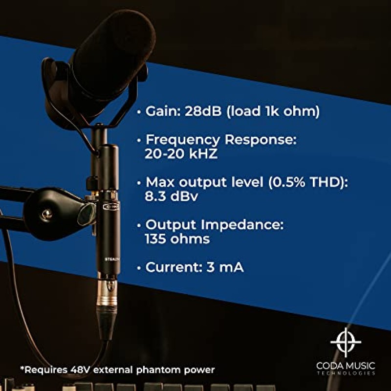 Coda MB-Stealth 인라인 마이크 프리앰프, 다이내믹 및 리본 마이크용 액티브 부스터 - 초저소음, 팟캐스트 또는 라이브스트림에 선명도 향상 및 추가