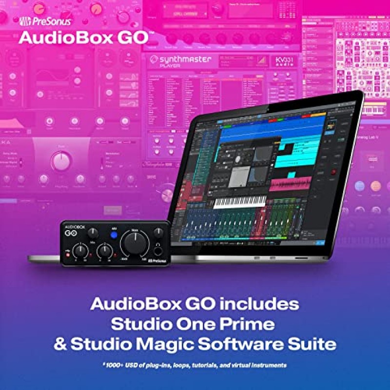 PreSonus 오디오박스 GO | Studio One DAW 녹음 소프트웨어, 음악 튜토리얼, 사운드 샘플 및 가상 악기를 사용한 음악 제작을 위한 USB-C 오디오 인터페이스