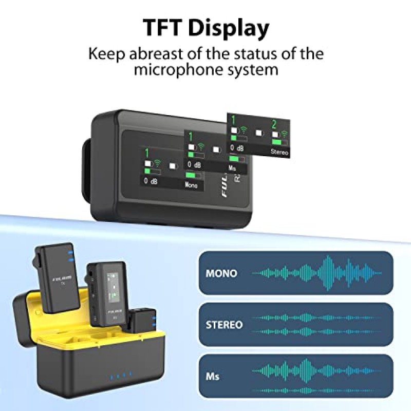 FULAIM X5 무선 라발리에 마이크 시스템, DSLR 카메라/iPhone/Android/라이브 스트리밍용 18H 배터리 수명 충전 케이스가 포함된 라발리에 옷깃 마이크
