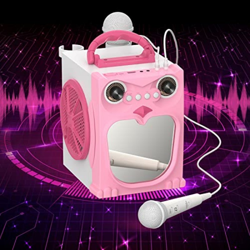 어린이를 위한 EARISE K25P 노래방 기계, 마이크 2개가 포함된 노래방 세트, 소녀용 핑크 노래방 기계, 깜박이는 디스코 조명이 있는 휴대용 노래 기계, 보이스 체인저, 블루투스/AUX/USB/TF 카드