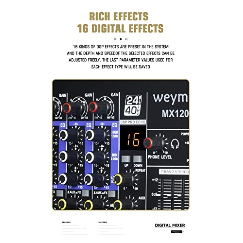 녹음용 Weymic MX-80 전문 믹서(8채널) DJ 스테이지 가라오케/W 그래픽 이퀄라이저 및 DSP 이펙터, 녹음 입력용 USB 드라이브, XLR 마이크 잭, 48V 전원, RCA 출력