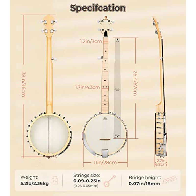 Vangoa 밴조 오픈 백 5현 풀 사이즈, 르네상스 레모 헤드가 포함된 클로해머 밴조 초보자 키트, 기어드 5번째 튜너가 포함된 메이플 밴조, 천연
