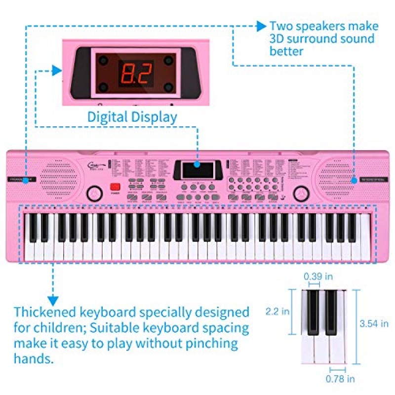 Hricane 어린이 피아노 키보드, 61 키 초급 전자 키보드 휴대용 디지털 음악 키보드, 마이크 및 악보 스탠드가 있는 조기 교육 음악 악기