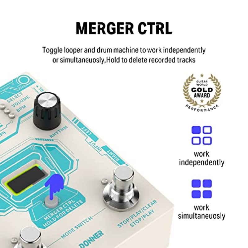 Donner 서클 루퍼 페달, 페달 보드용 스테레오 기타 루프 페달, 40개 슬롯 160분 드럼 머신이 포함된 루프 페달 100개 드럼 그루브, 탭 템포, 페이드 아웃