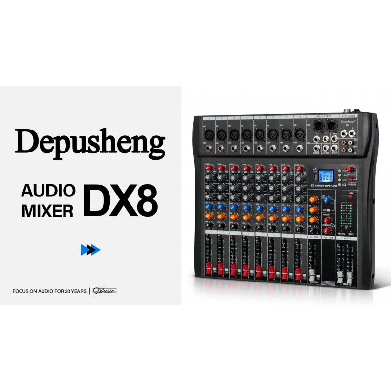 Depusheng DX8 전문 믹서 사운드 보드 콘솔 8 채널 데스크 시스템 인터페이스 디지털 USB MP3 입력 48V 팬텀 파워 스테레오 DJ 스튜디오 FX 스틸 섀시, PC용 블랙 블루투스 USB 오디오 믹서