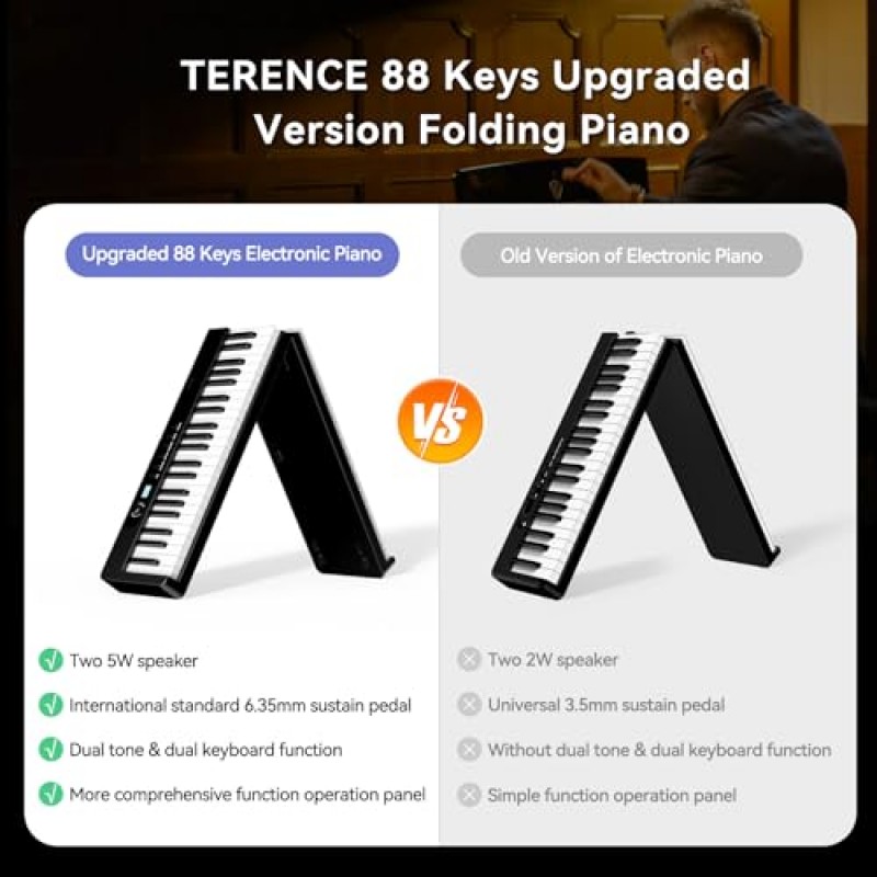 TERENCE 피아노 키보드 88건, MIDI를 지원하는 세미 웨이트 접이식 피아노 키보드 LCD 화면, 2X5W 스피커, 보면대, 스티커, 이어폰 및 1/4' 서스테인 페달을 갖춘 Bluetooth 휴대용 피아노