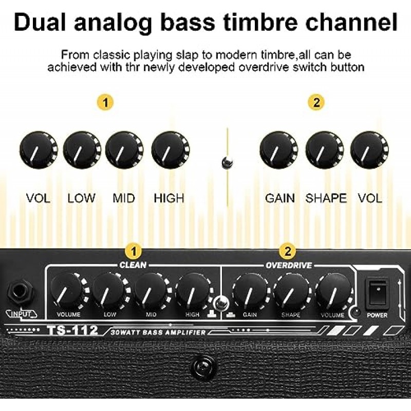 TS112 베이스 기타 앰프 30W 일렉트릭 기타 베이스 콤보 앰프, 온보드 클린 및 디스토션 오버드라이브 듀얼 톤 스위칭 연습 포함.