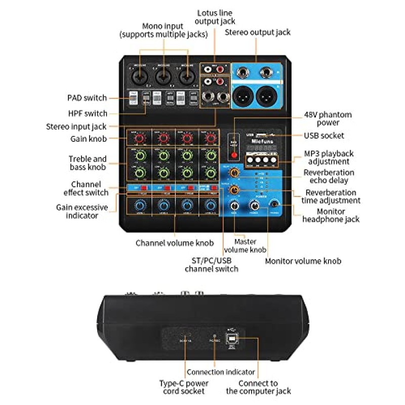 미니 오디오 DJ 믹서 사운드 보드 콘솔 시스템, 블루투스 USB MP3 스테레오 라이브 DJ 스튜디오 스트리밍을 갖춘 5 채널 48V 팬텀 전원 전문 녹음 파티 KTV 무대