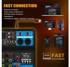 미니 오디오 DJ 믹서 사운드 보드 콘솔 시스템, 블루투스 USB MP3 스테레오 라이브 DJ 스튜디오 스트리밍을 갖춘 5 채널 48V 팬텀 전원 전문 녹음 파티 KTV 무대
