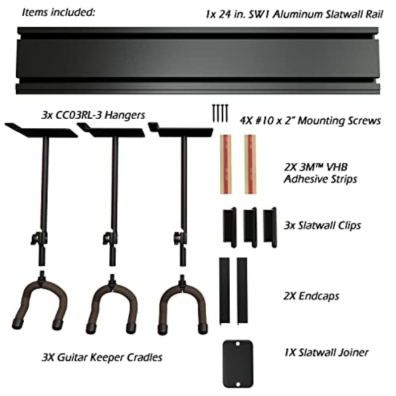 스트링 스윙 3 기타 벽걸이 랙 - 견고한 알루미늄 판금 레일 - 전기 또는 음향용 3개의 강철 행거 및 1개의 레일 확장형 모듈식 음악실 정리, 보관 또는 디스플레이 시스템 검정색(SW3RL-B-K)