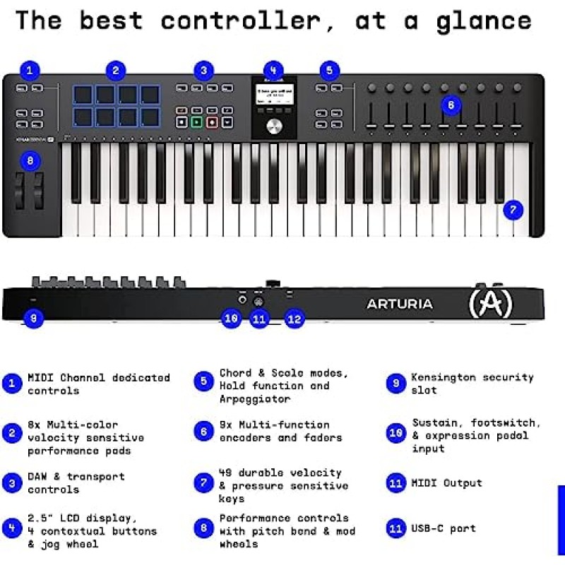 Arturia KeyLab Essential 49 mk3 MIDI 컨트롤러 번들, 디럭스 서스테인 페달, USB 케이블 및 액체 오디오 폴리싱 천 포함(흰색)