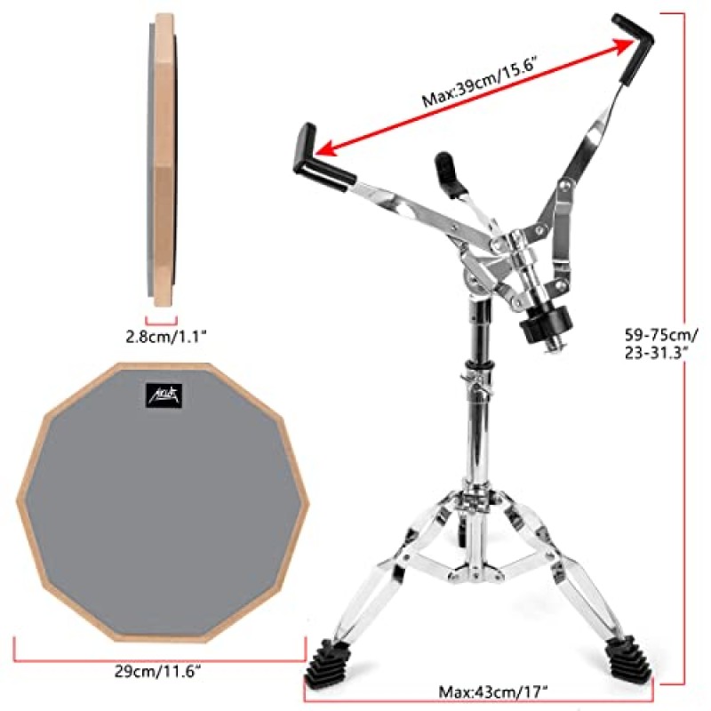 AKLOT 연습 패드, 스네어 드럼 스탠드, 양면, 드럼 스틱, 가방이 포함된 성인용 12