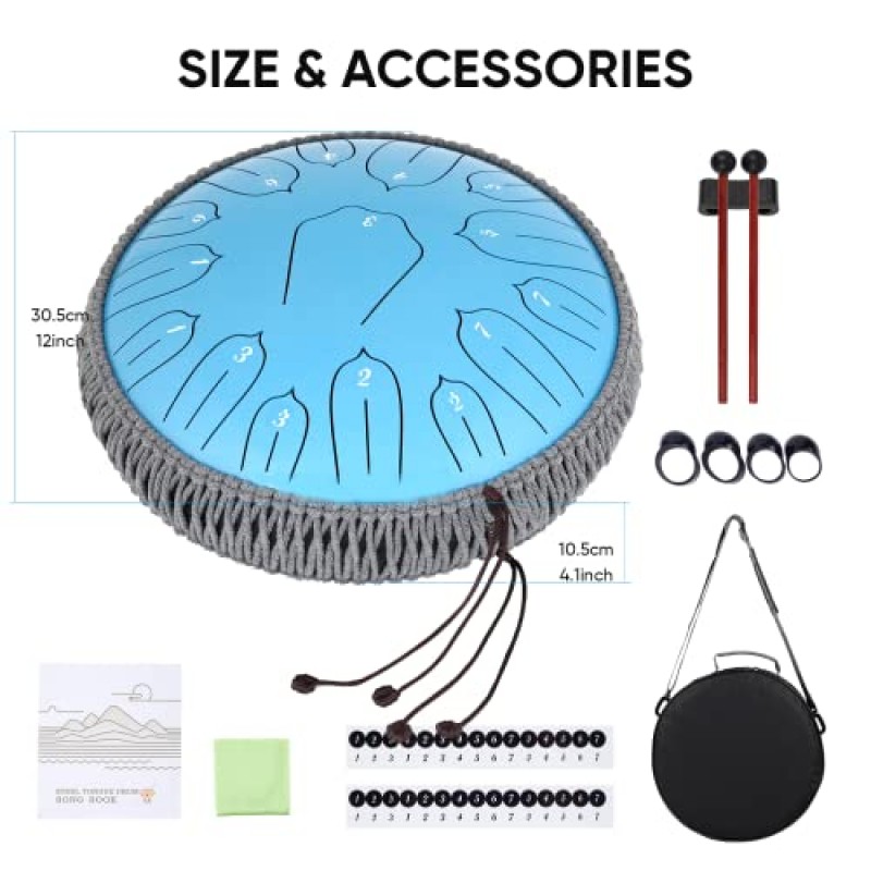 성인용 스틸 텅 드럼: 악기 핸드팬 드럼 세트 15음 12인치 가방 및 악보집 포함 - 명상 요가용 힐링 타악기(블루)
