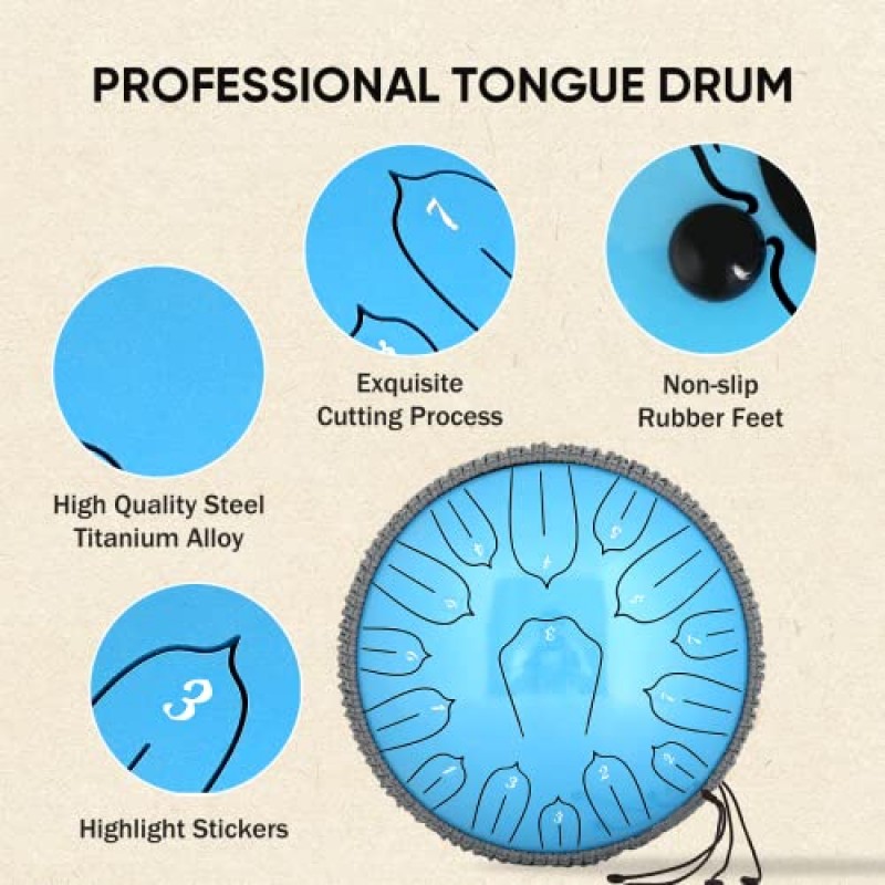 성인용 스틸 텅 드럼: 악기 핸드팬 드럼 세트 15음 12인치 가방 및 악보집 포함 - 명상 요가용 힐링 타악기(블루)