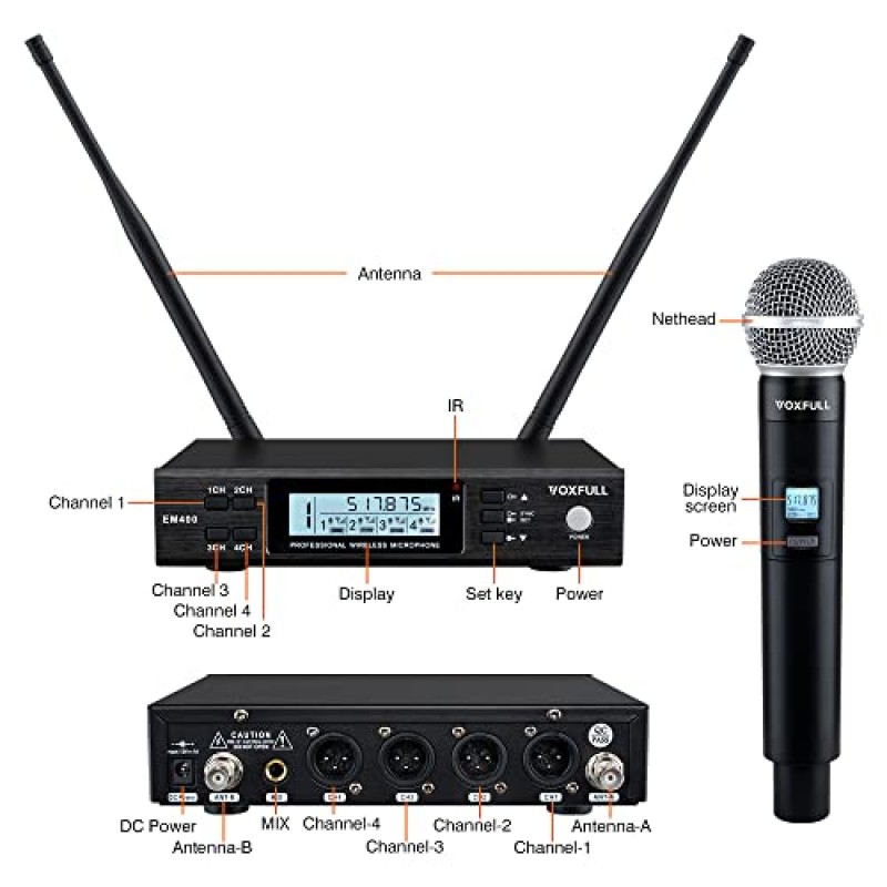 VOXFULL 4 채널 UHF 무선 마이크, 노래방 노래방 교회용 무선 마이크 전문 4x100 가변 주파수(328FT)