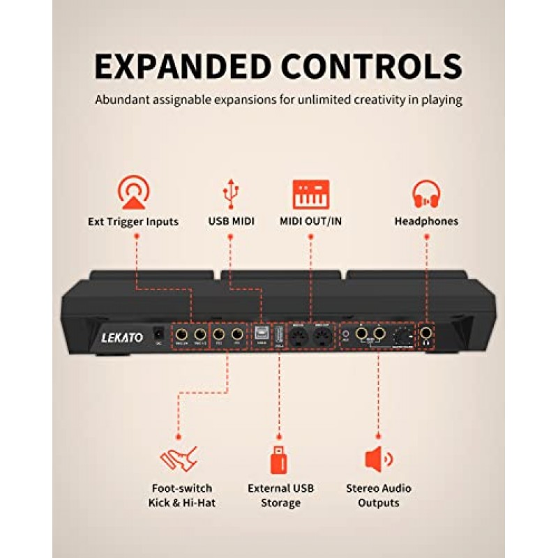 LEKATO 타악기 샘플 패드, 9개의 벨로시티 감지 드럼 패드가 포함된 전자 드럼 패드, 600개 이상의 사운드, MIDI 출력이 포함된 전자 드럼 세트 패드 멀티패드, USB MIDI, AUX, 루퍼, 메트로놈, 트리거 입력