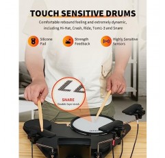 LEKATO 전자 드럼 세트, 조용한 메쉬 스네어 드럼 패드가 포함된 초보자용 휴대용 전기 드럼 세트, 220개 이상의 사운드, USB MIDI, 2 스위치 페달, 스틱이 포함된 전기 드럼 키트, 여행용 가방