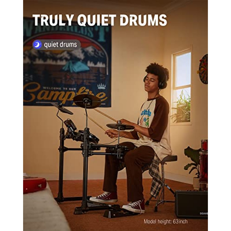 Donner DED-80 전자 드럼 세트, 초보자용 전기 드럼 세트(콰이어트 메쉬 드럼 패드 4개, 스위치 페달 2개, 180개 이상의 사운드, 왕좌, 온이어 헤드폰, 스틱 및 멜로디 레슨 포함) 블랙
